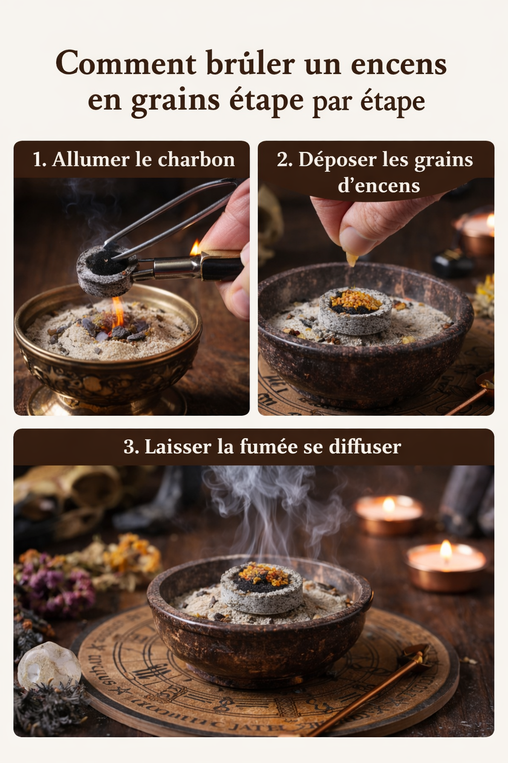 Illustration montrant comment brûler un encens en grains sur charbon étape par étape avec allumage du charbon, dépôt de résine et diffusion de la fumée d’encens.