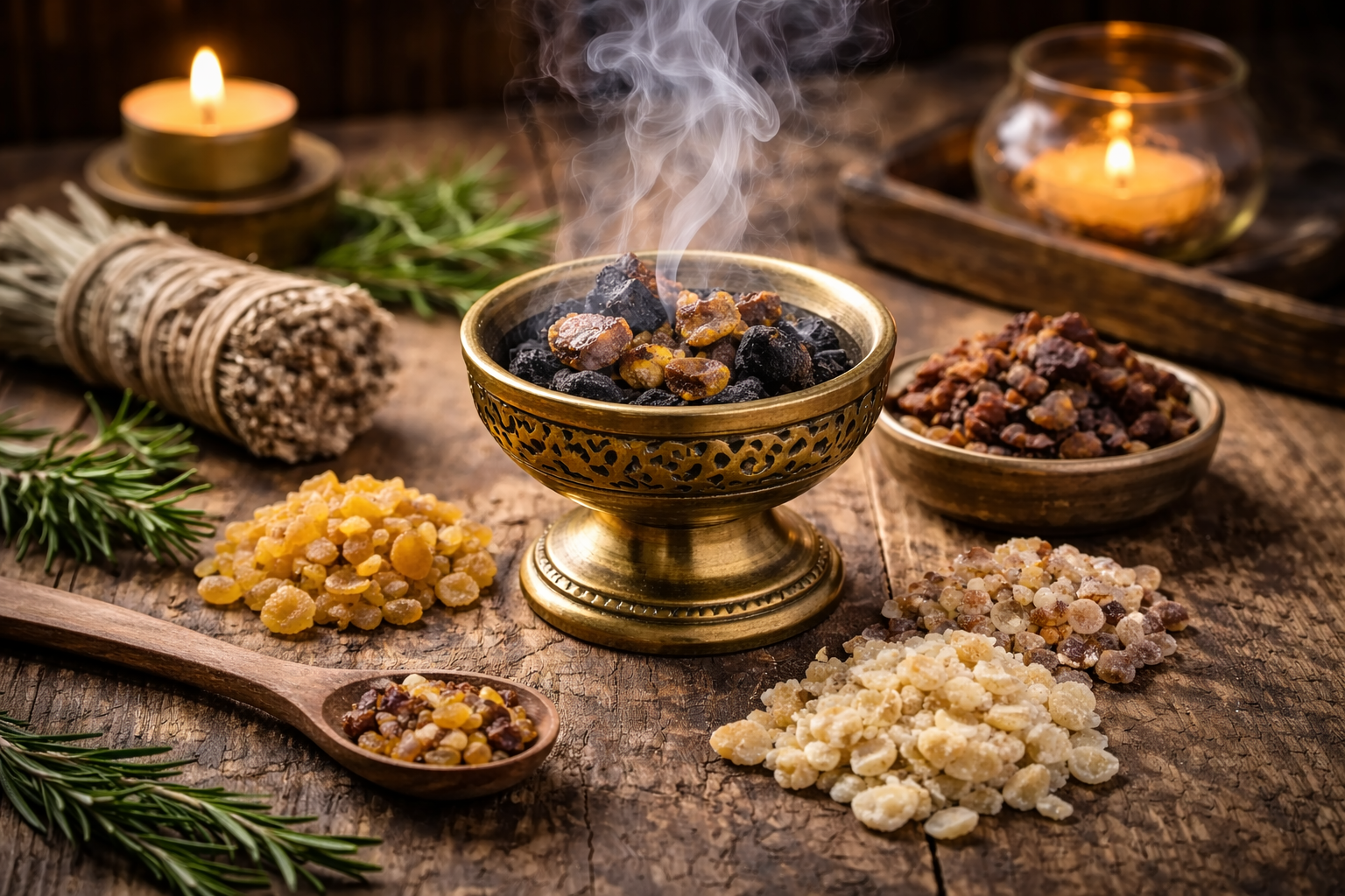 Encens en résine brûlant sur un charbon dans un encensoir avec myrrhe oliban et benjoin pour purifier une maison