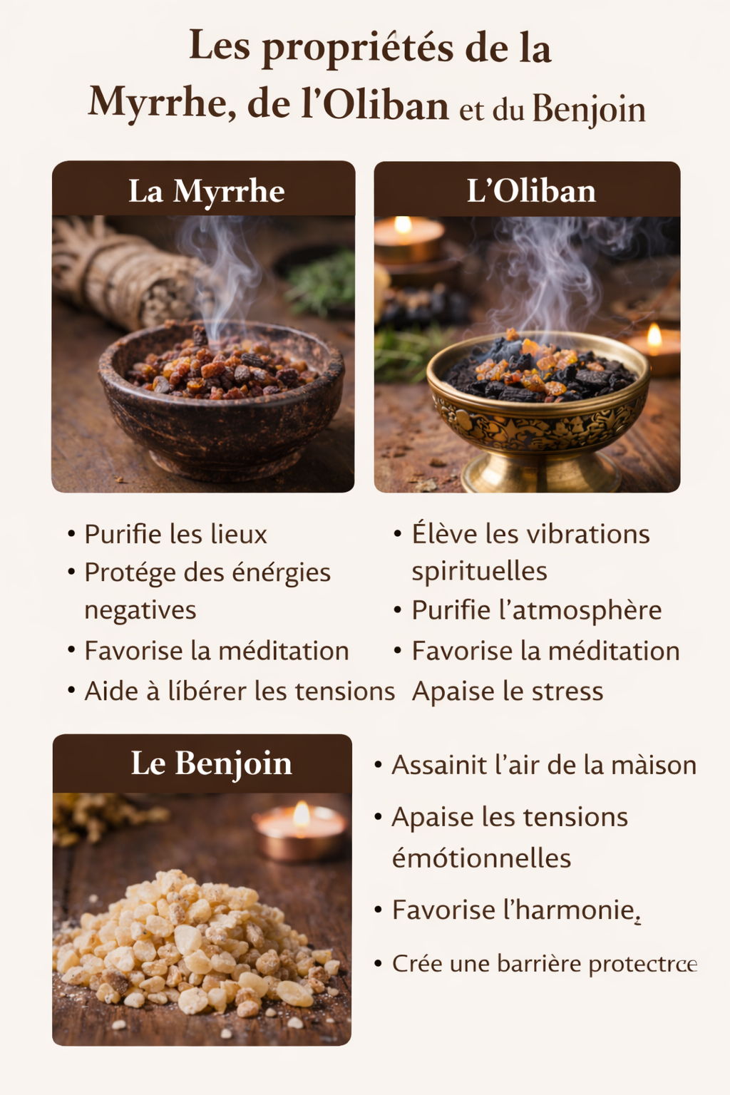 Comparatif des encens myrrhe oliban et benjoin en résine utilisés pour purifier une maison et nettoyer les énergies d’un lieu