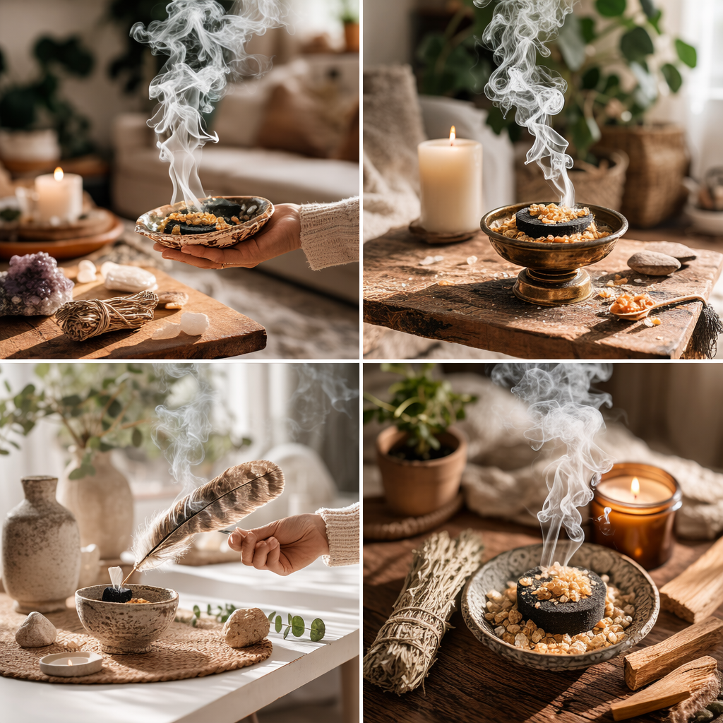 Fumigation d’encens en grains sur charbon pour purifier énergétiquement une maison avec résine naturelle et porte encens dans un rituel de purification spirituelle.