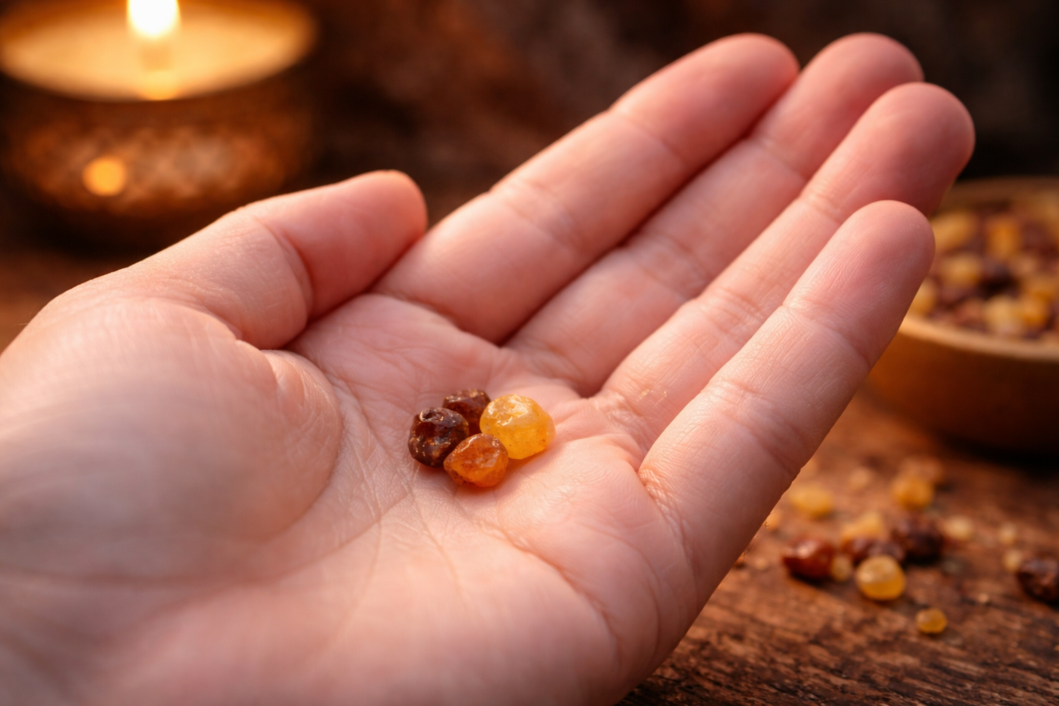 Quelques grains d’encens résine naturelle placés dans le creux de la main pour montrer la quantité idéale d’encens à utiliser sur un charbon.