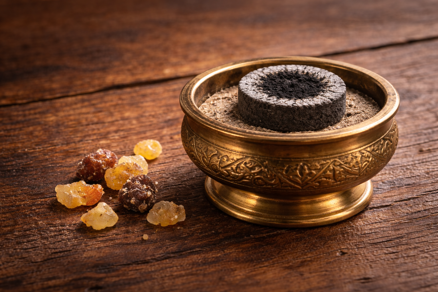 Charbon pour encens posé sur un porte encens avec grains d’encens résine à côté sur une table en bois