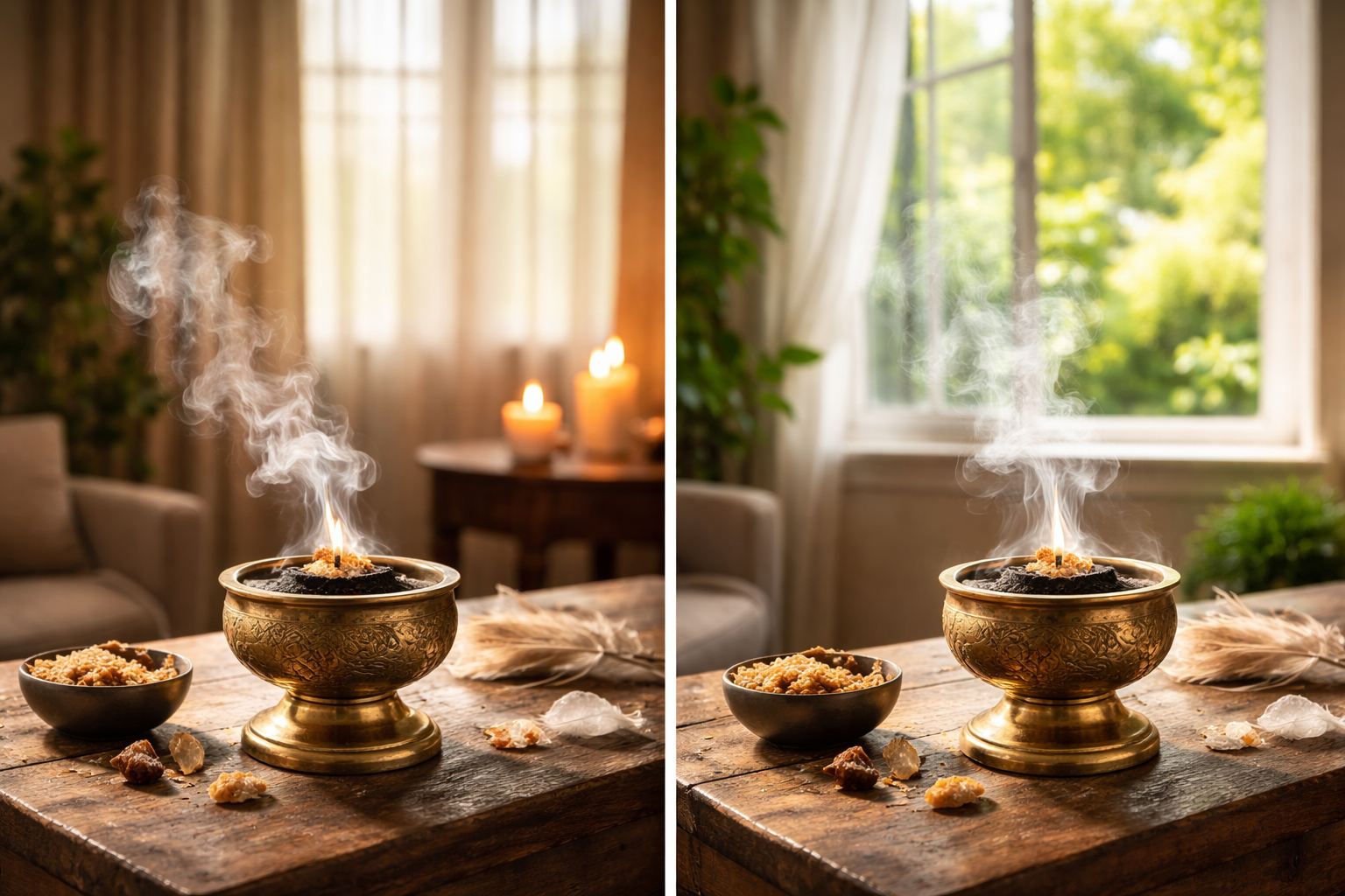 Encens en grains brûlant sur un charbon dans un porte encens posé sur une table en bois avec fumée parfumée montant vers une fenêtre ouverte 