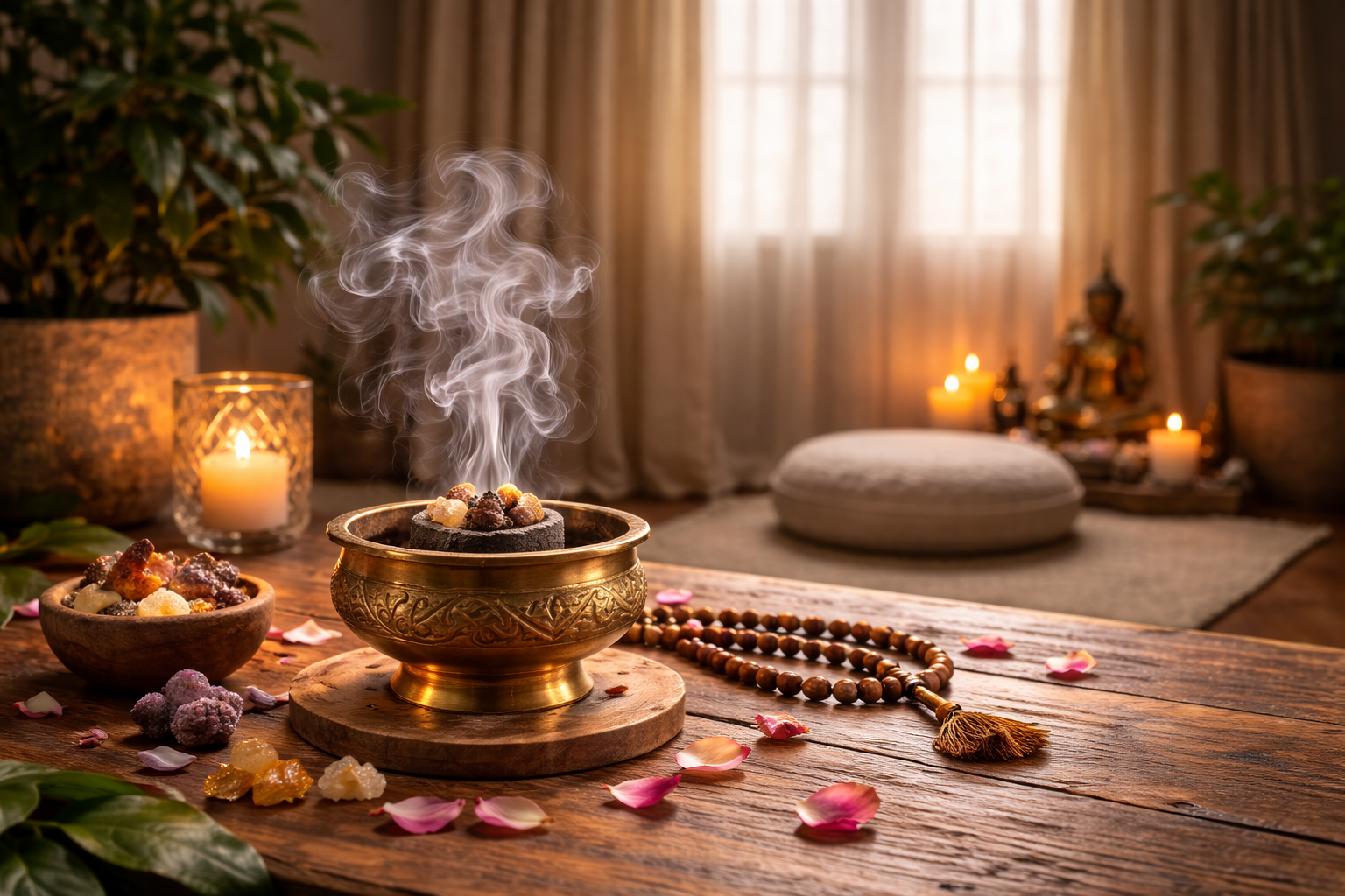 Encens en grains brûlant sur un charbon dans un porte encens avec fumée parfumée dans une pièce de méditation aux fenêtres fermées avec pétales de fleurs