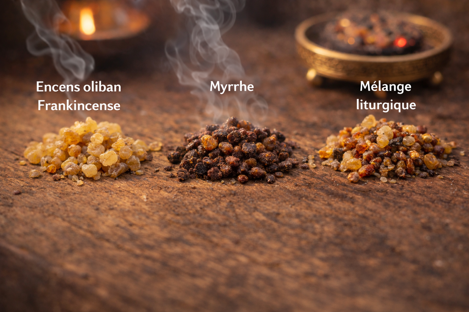 Trois types d’encens en grains oliban frankincense myrrhe et mélange liturgique disposés sur une table pour comparer les différentes résines d’encens.