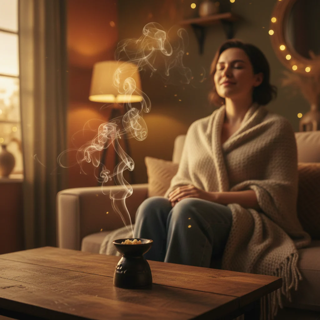Personne en méditation dans une pièce calme avec un encens en grains qui brûle sur un charbon et diffuse une fumée parfumée propice au recueillement.
