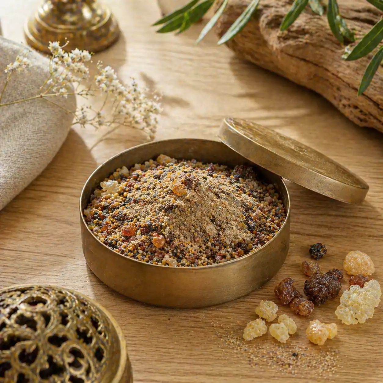 encens trinité naturel et authentique en boîte avec poudre fine et morceaux visibles de benjoin myrrhe et oliban