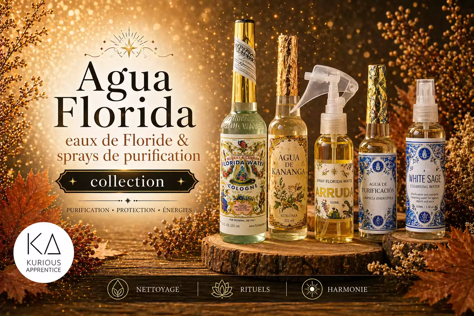 Bannière Agua Florida avec eaux de Floride et sprays de purification Kurious Apprentice