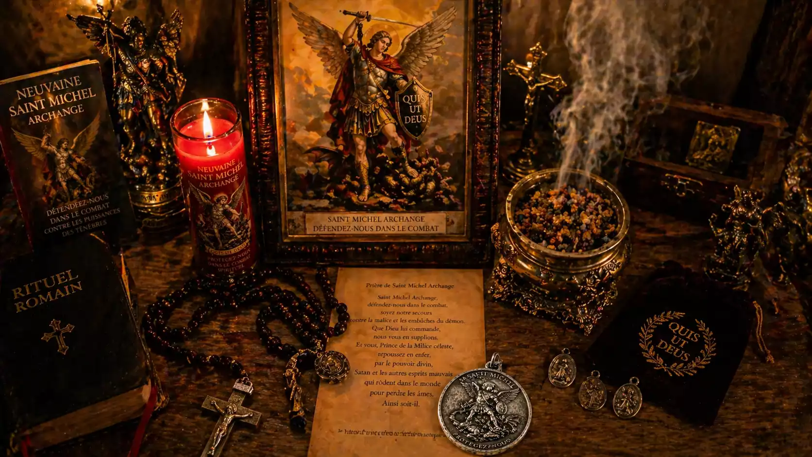Autel domestique de combat spirituel avec icône de Saint Michel, cierge rouge allumé, encens fumant, médaille en argent et chapelet.
