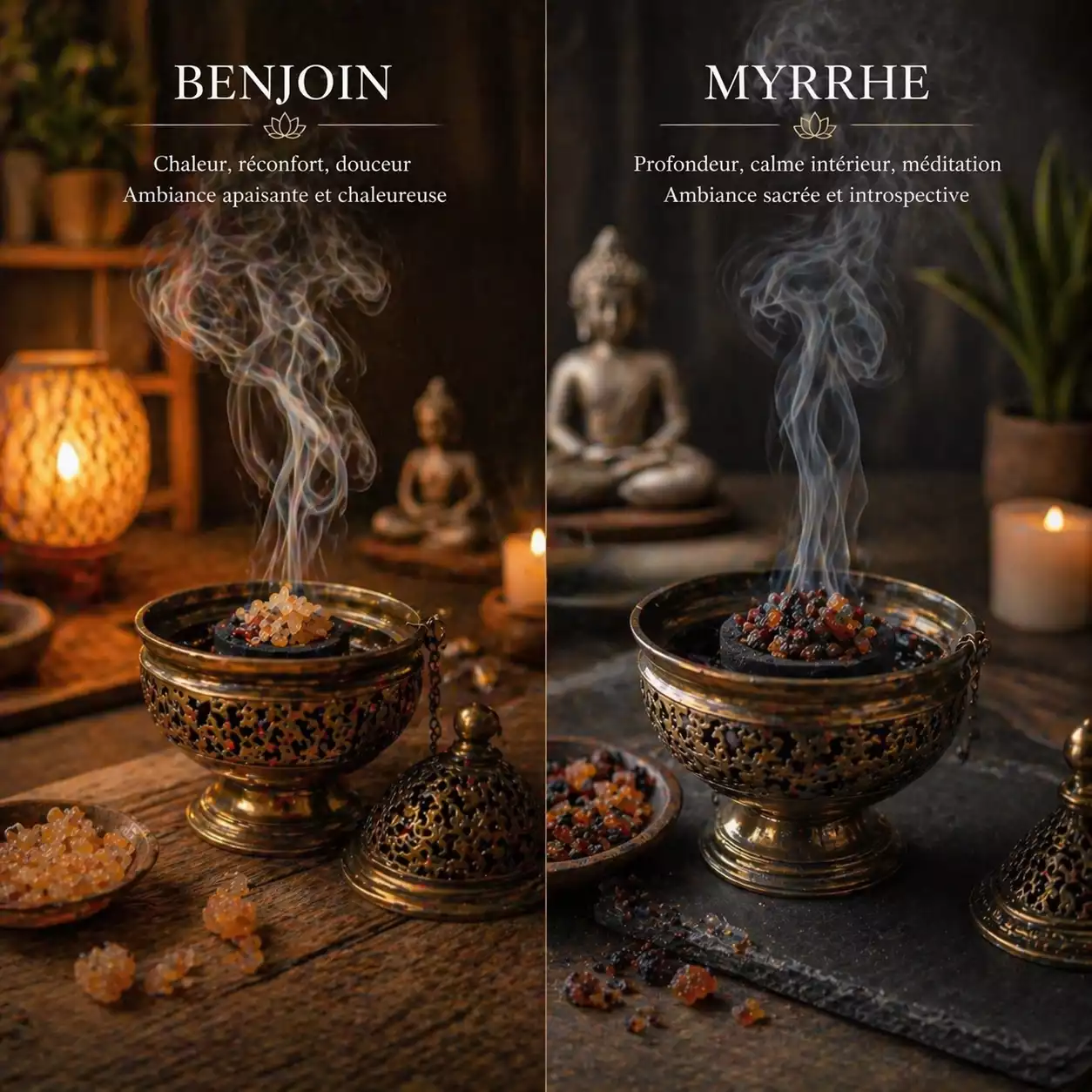 benjoin et myrrhe en fumigation dans une pièce représentant deux ambiances zen différentes