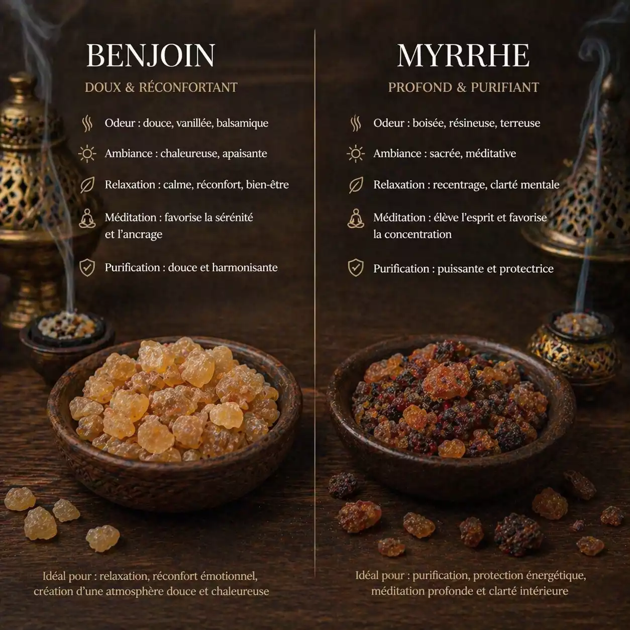 comparatif entre benjoin et myrrhe en résines naturelles pour fumigation
