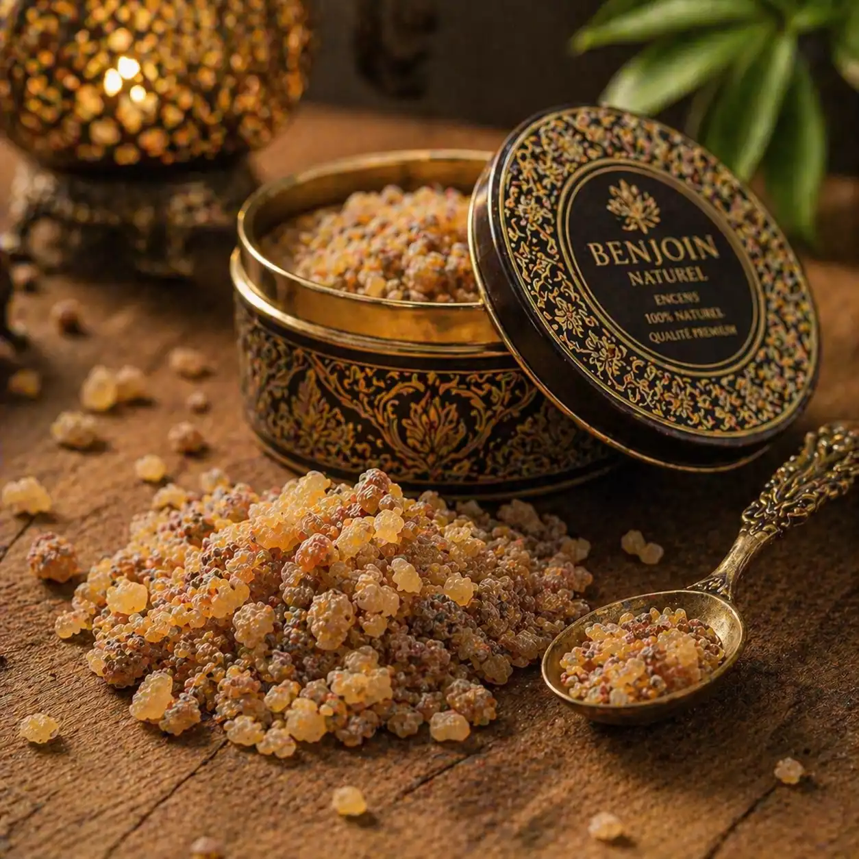 grains de benjoin naturel de qualité avec petite boîte élégante et cuillère dans une ambiance prestigieuse