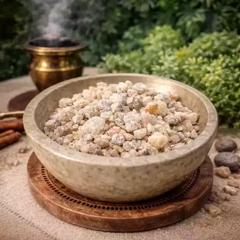 Benjoin en résine naturelle présenté dans un bol avec encens fumant en arrière-plan