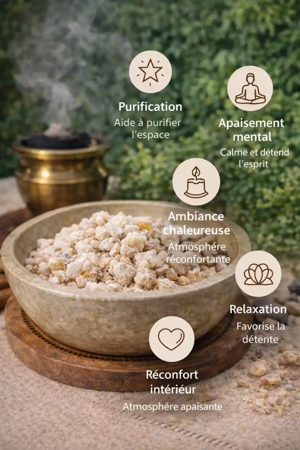 Infographie sur les bienfaits du benjoin naturel en fumigation avec résine de benjoin dans un bol