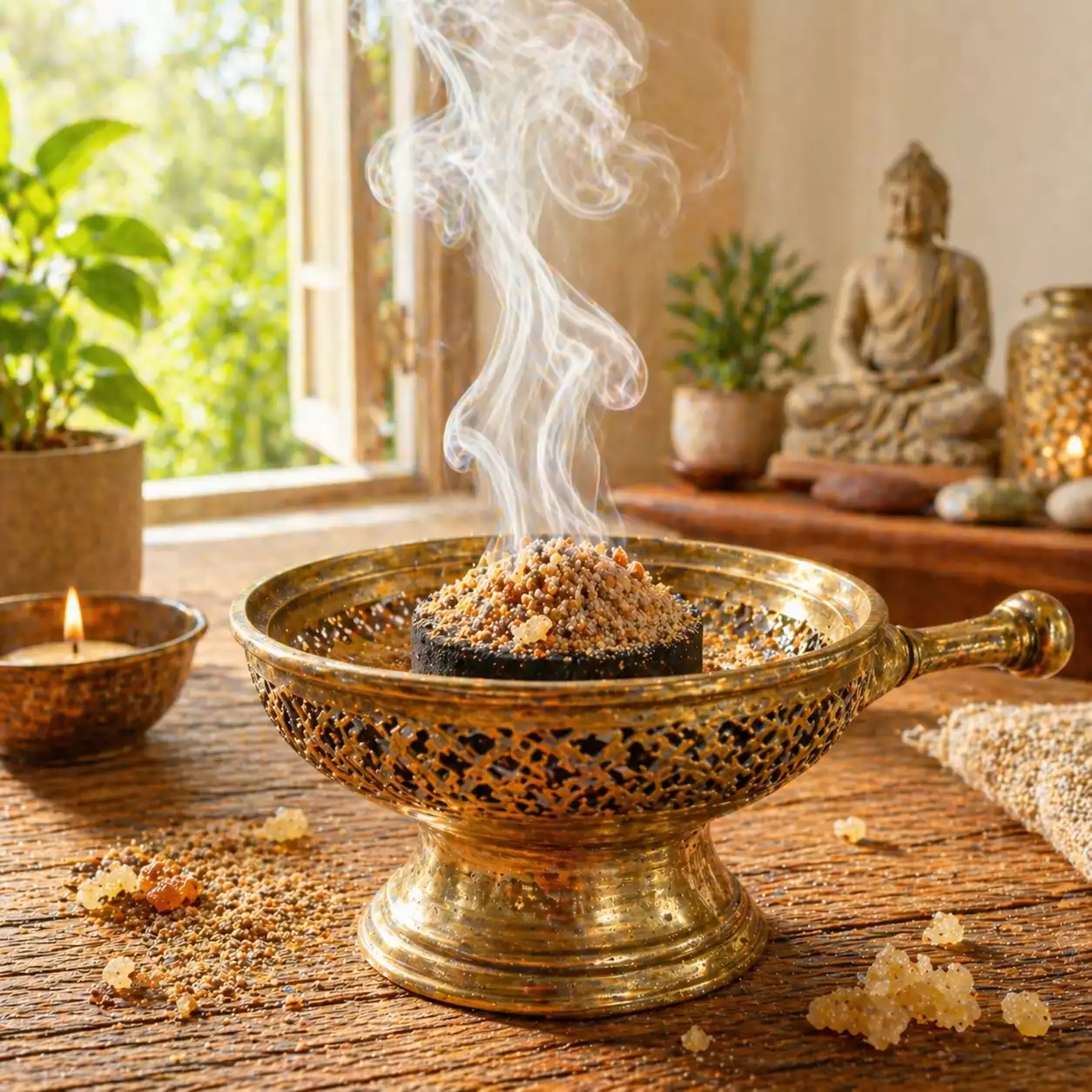 encens trinité en poudre avec morceaux visibles fumant sur charbon ardent pour purifier une maison