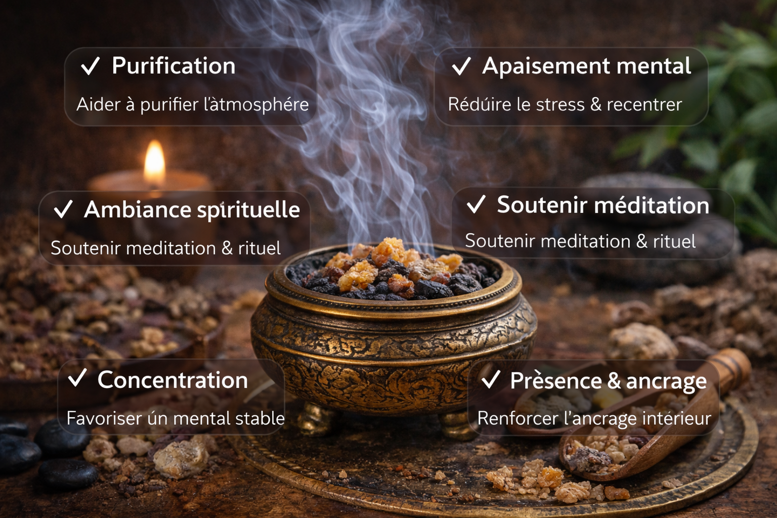 bienfaits de la myrrhe naturelle en fumigation pour purification apaisement mental méditation concentration et ancrage