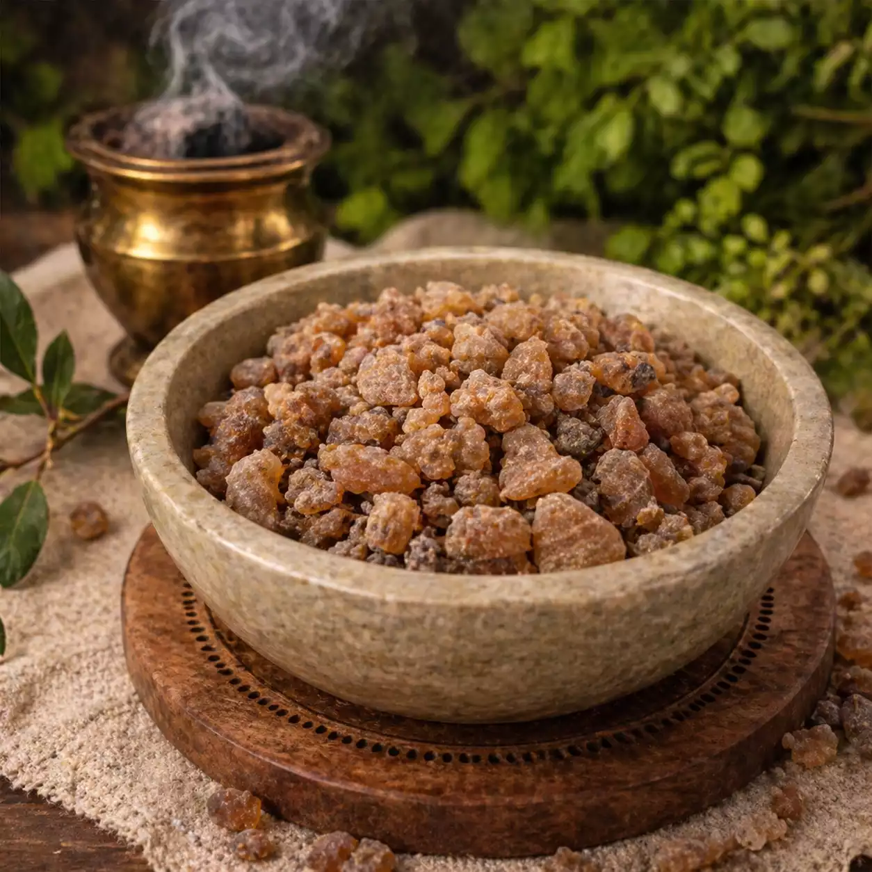 myrrhe naturelle en grains dans un bol pour fumigation purification apaisement mental et ambiance spirituelle