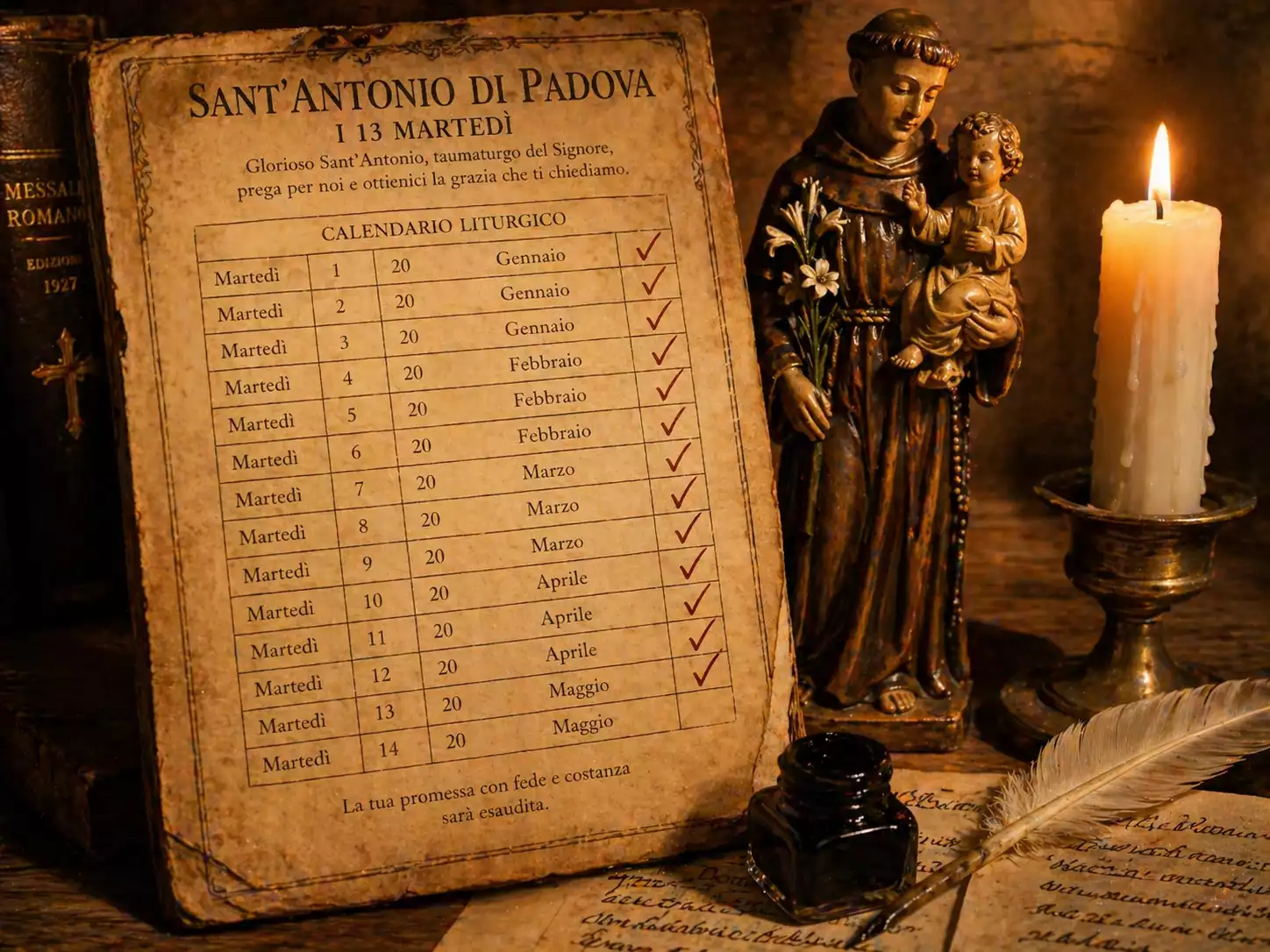 Calendrier des 13 mardis de Saint Antoine de Padoue coché en rouge, avec bougie allumée, statuette en bois et plume d’oie.