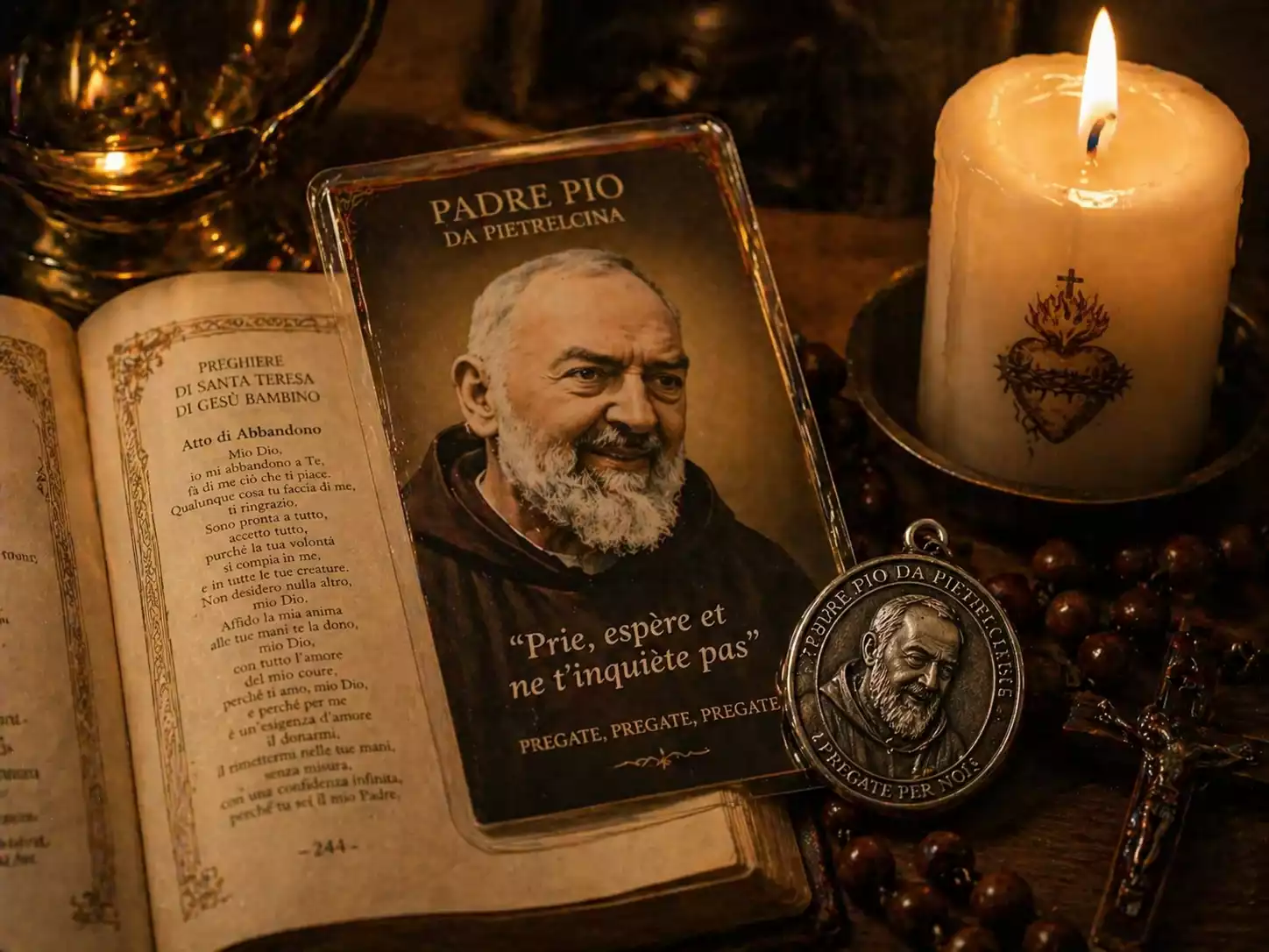Carte de prière Padre Pio plastifiée sur livre de prières ouvert avec médaille en argent vieilli et bougie blanche allumée.