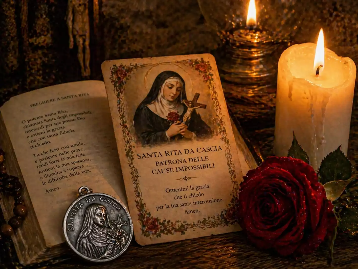 Carte de prière Sainte Rita sur livre de prières ouvert avec médaille en argent, bougie blanche allumée et rose rouge fraîche.