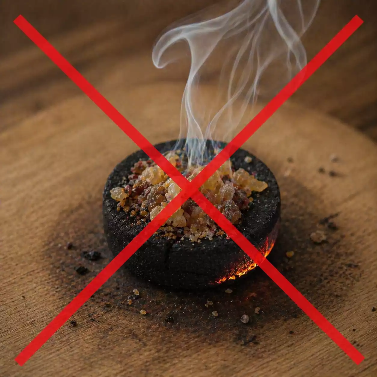 Danger d’un charbon chaud avec benjoin laissé sans surveillance charbon chaud avec benjoin fumant posé sur une planche sans surveillance avec croix rouge de danger