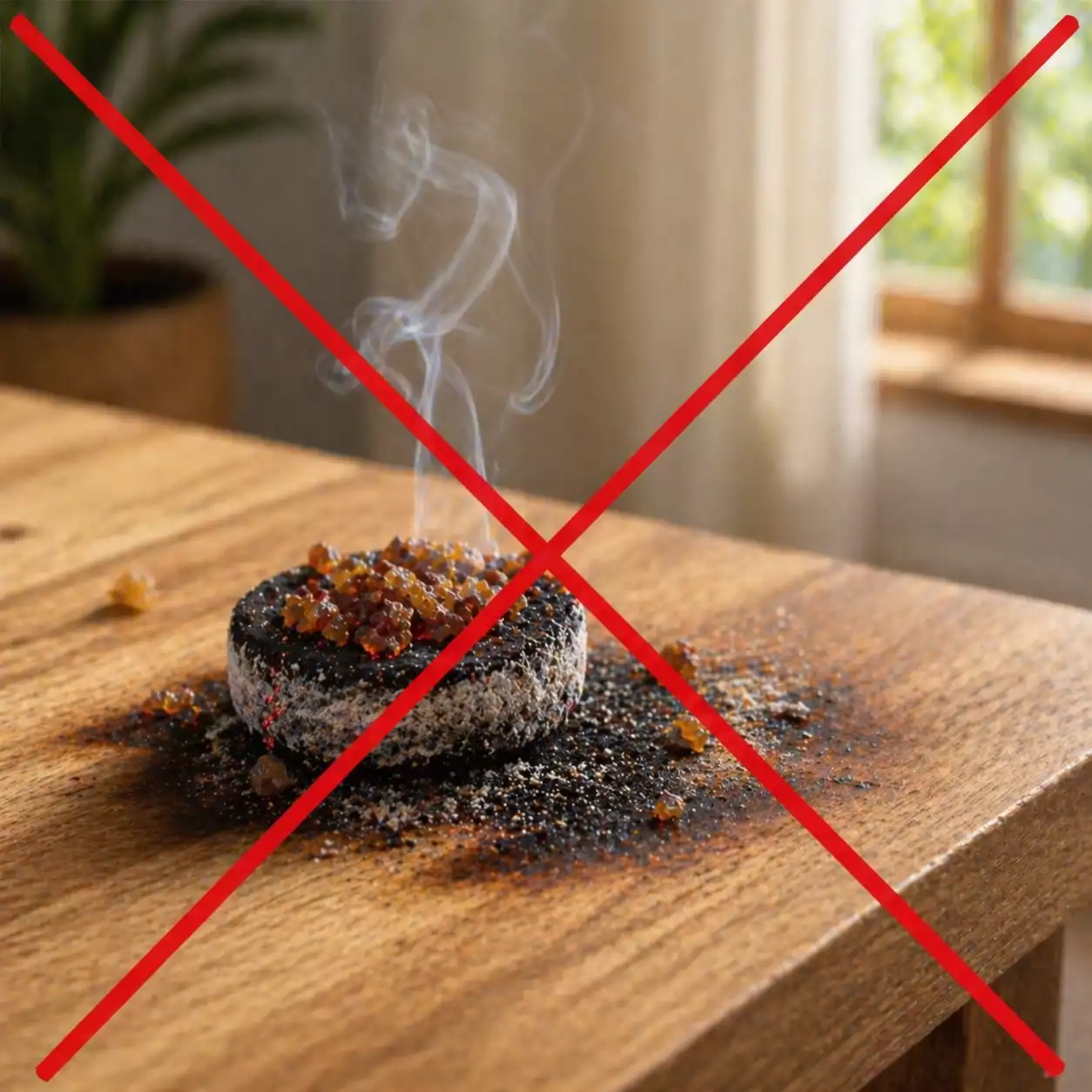Danger d’un charbon chaud laissé sans surveillance charbon chaud avec encens fumant posé sur une planche sans surveillance avec croix rouge de danger