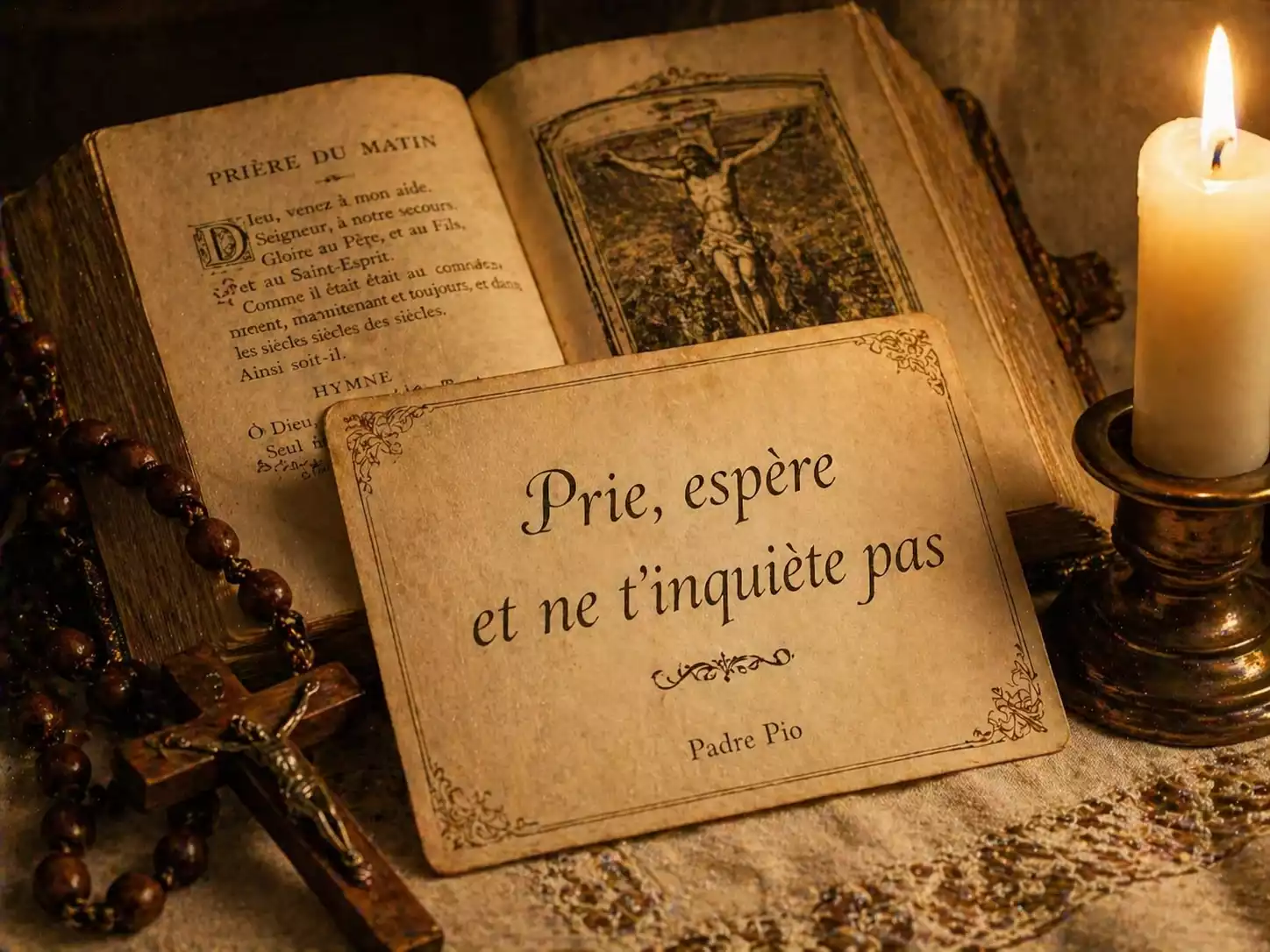 Carte calligraphiée avec la citation de Padre Pio Prie, espère et ne t’inquiète pas, posée sur un missel avec chapelet et bougie.