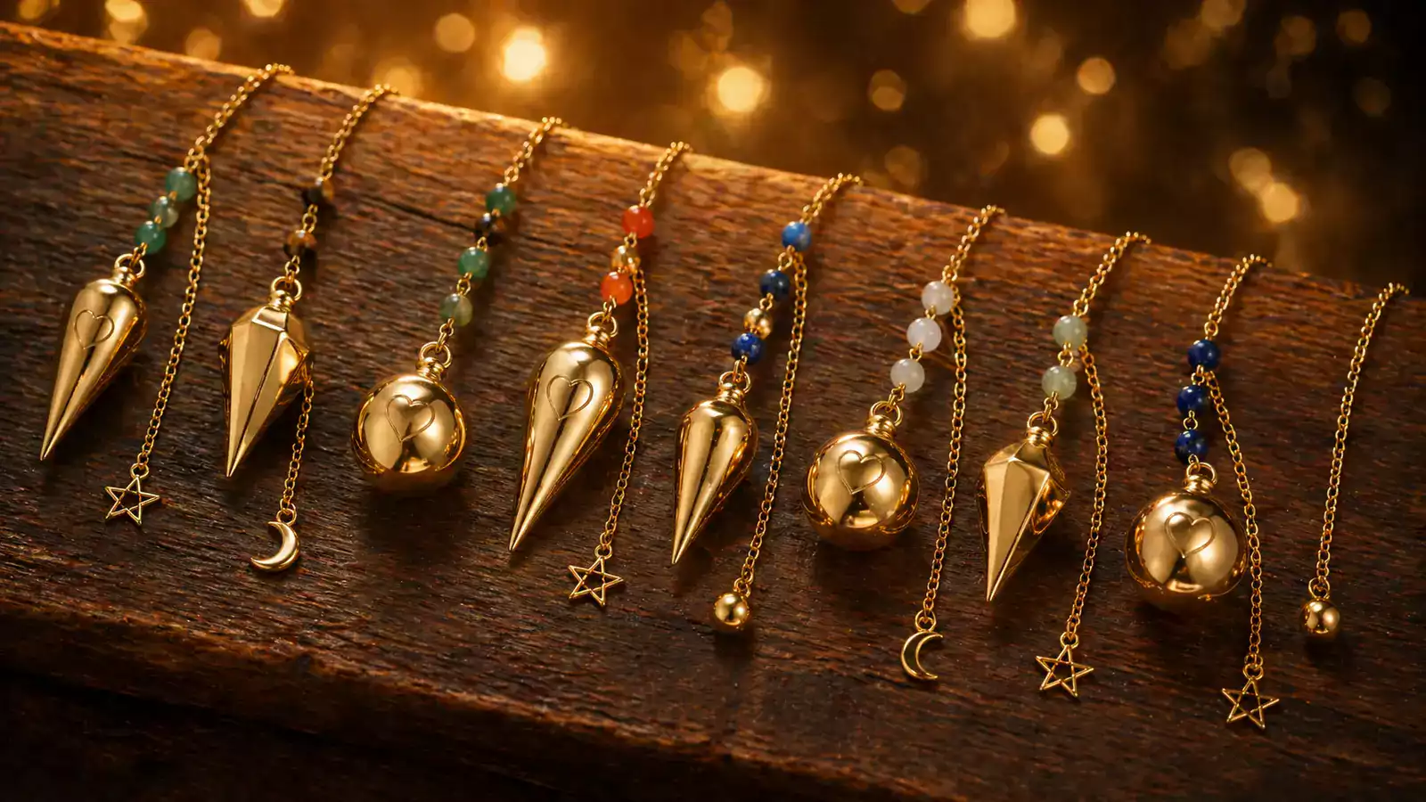 Collection de pendules chemin de vie en laiton doré avec pierres semi-précieuses et breloques étoile, lune et sphère sur bois foncé.
