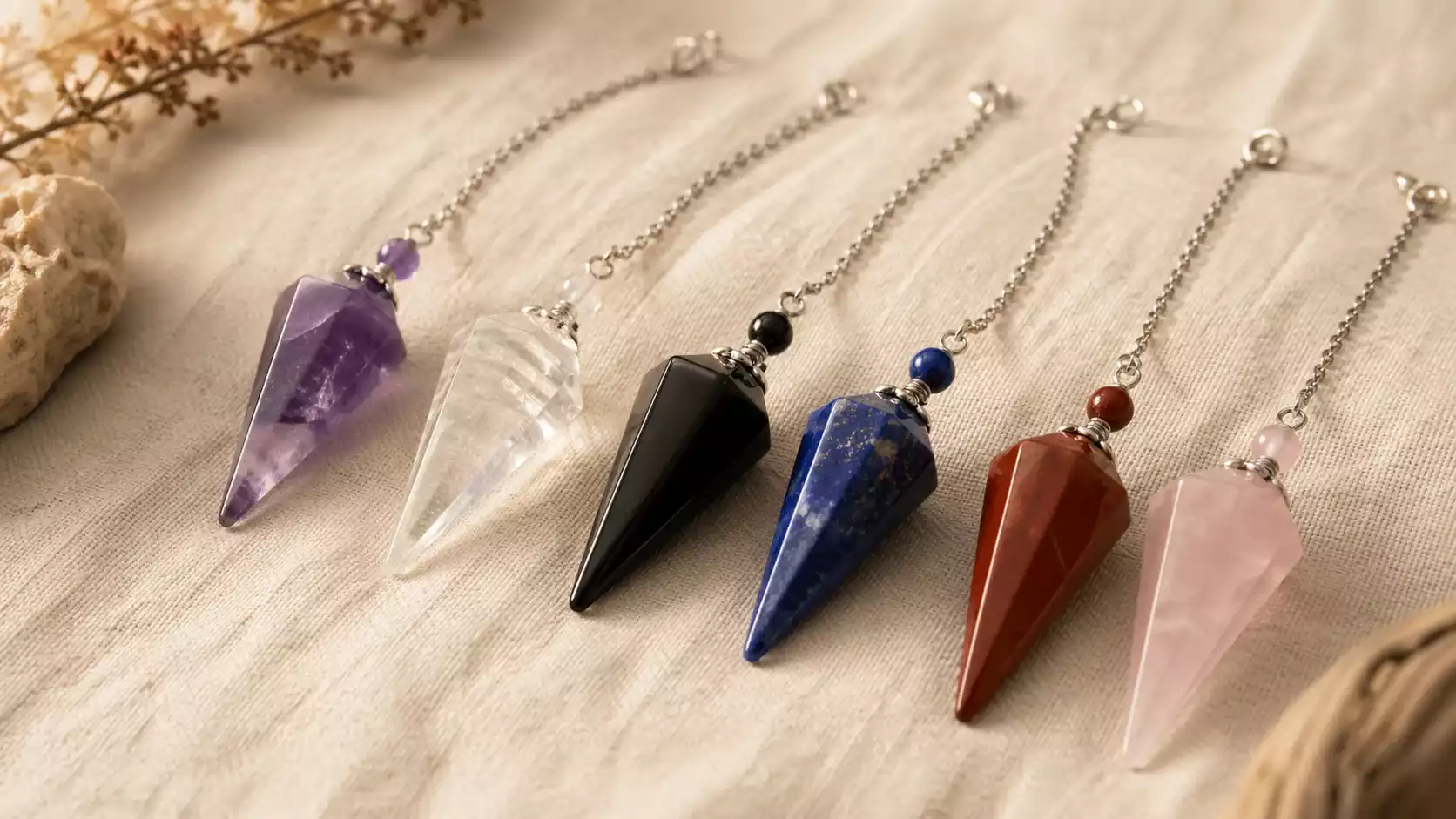 Collection de pendules en pierres naturelles Collection de pendules en améthyste, cristal de roche, obsidienne, lapis-lazuli, jaspe rouge et quartz rose sur tissu de lin écru.