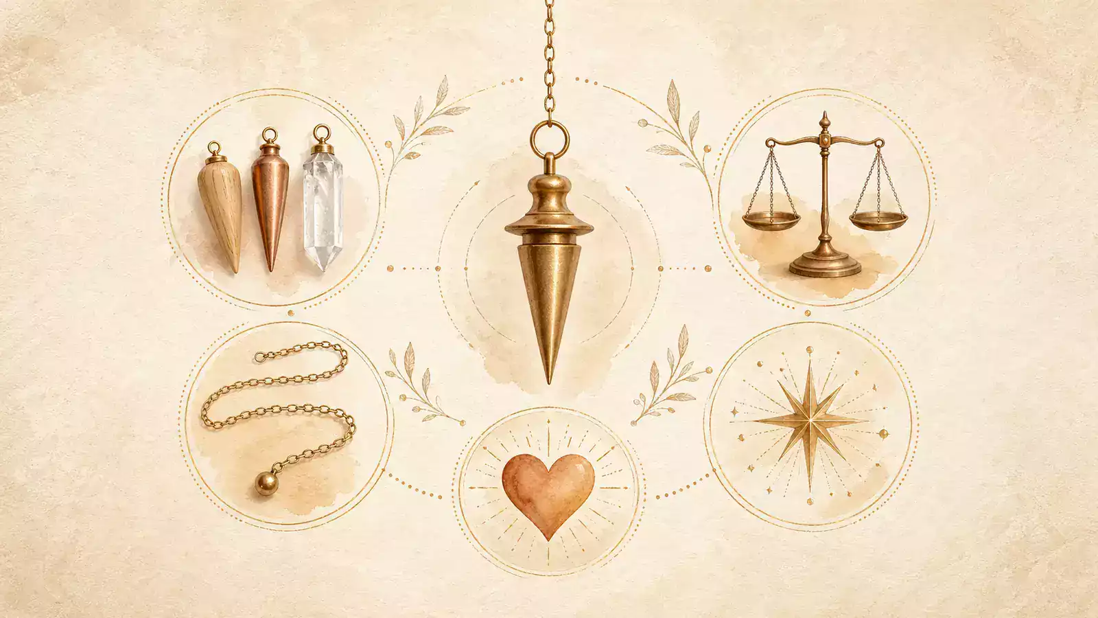 Illustration d’un pendule entouré de cinq symboles représentant la matière, l’équilibre, la chaîne, l’intention et le coup de cœur.