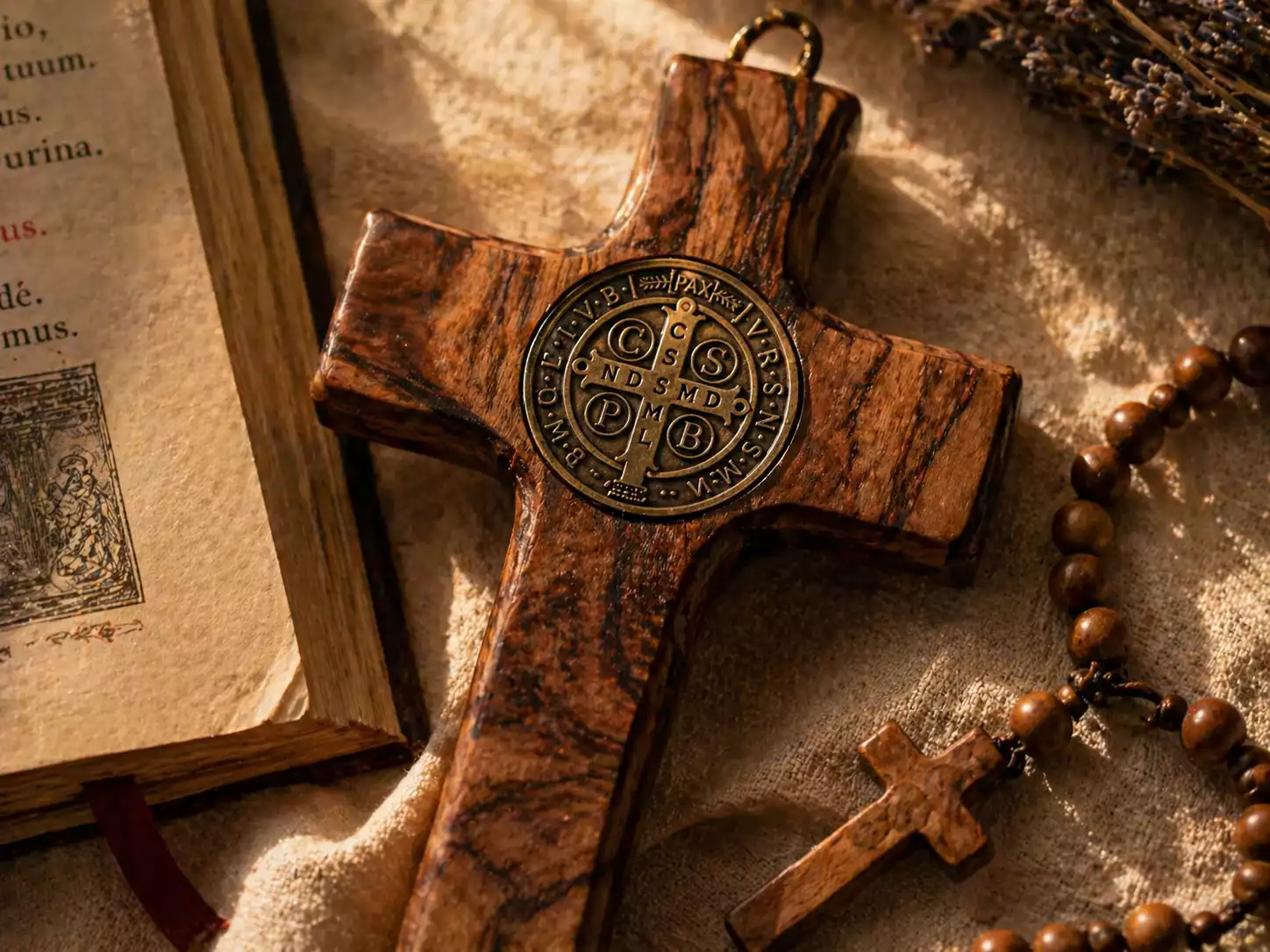 Croix de Saint Benoît en bois d’olivier sombre avec médaille en bronze patiné, chapelet de bois et missel ancien ouvert.