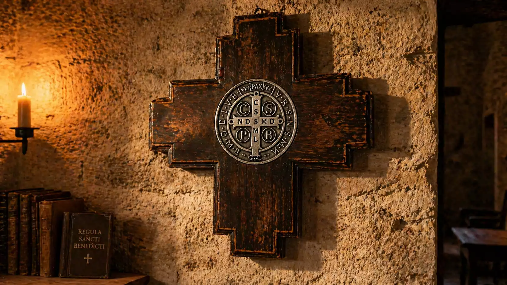 Croix de Saint Benoît murale en bois sombre avec médaille argentée, accrochée sur un mur en pierre dans un intérieur monastique.
