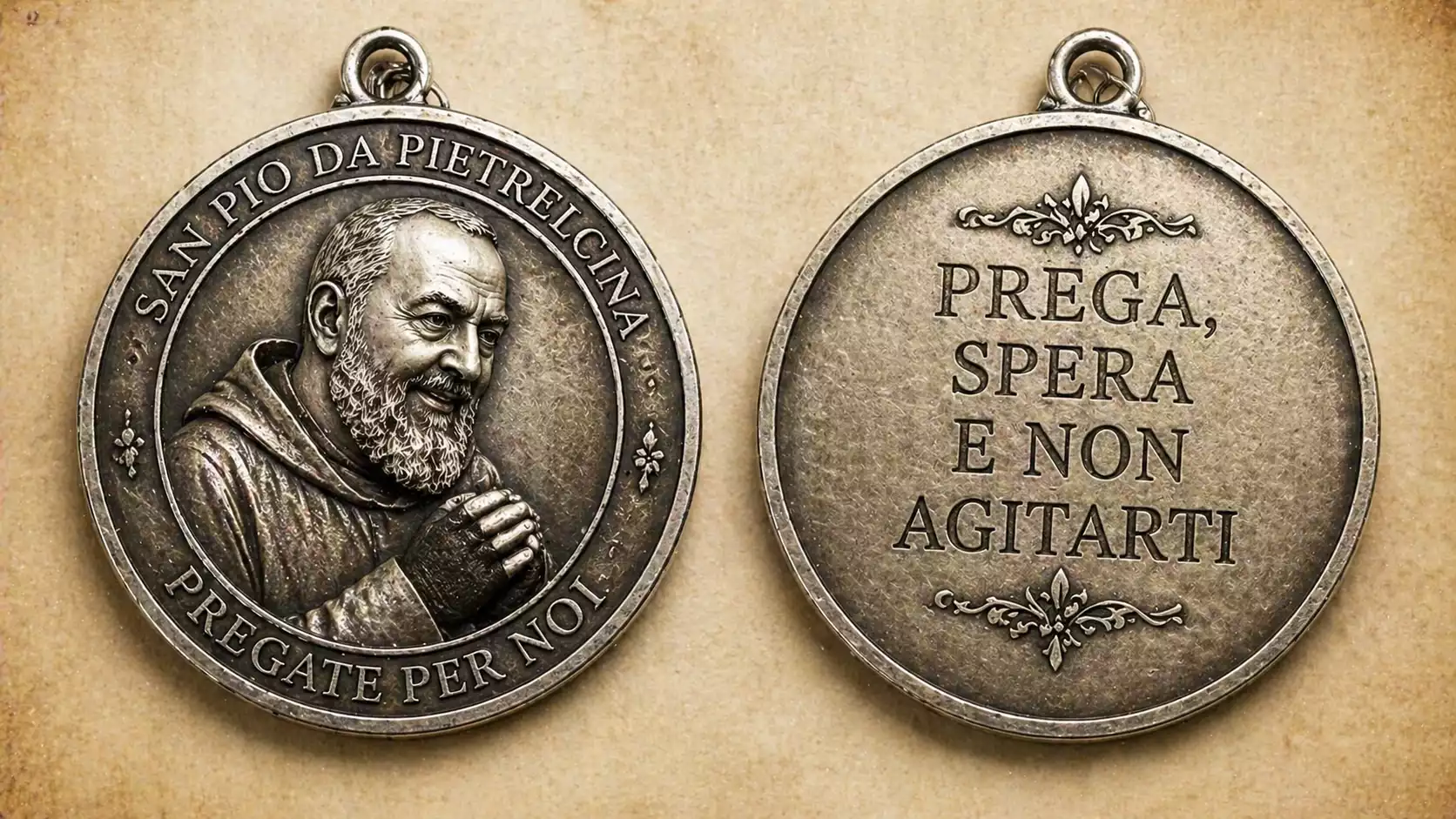 Médaille Padre Pio recto verso avec devise italienne Médaille Padre Pio recto verso en argent vieilli avec portrait du saint capucin et devise Prega spera e non agitarti.