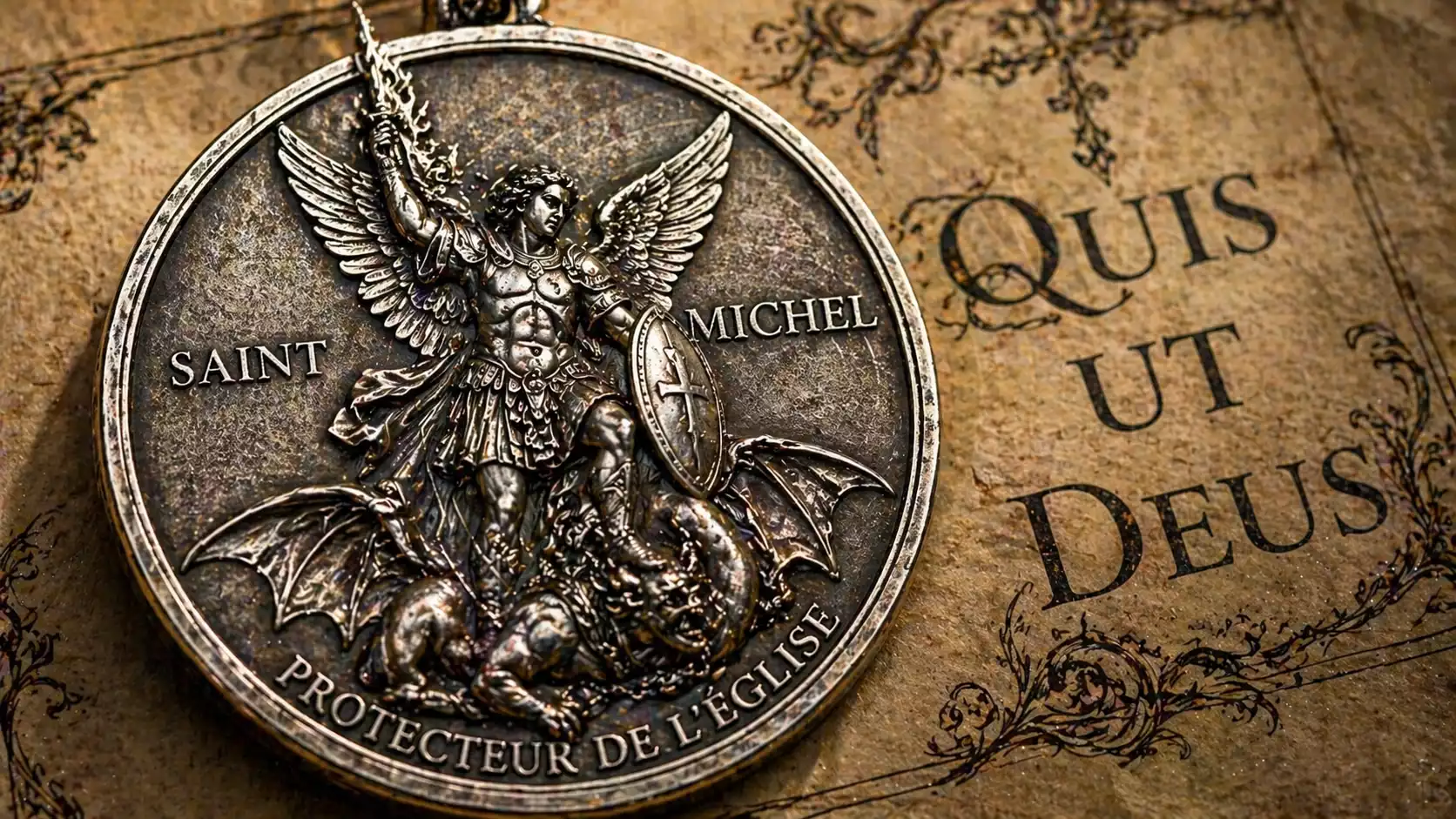 Détail médaille Saint Michel avec Quis ut Deus
