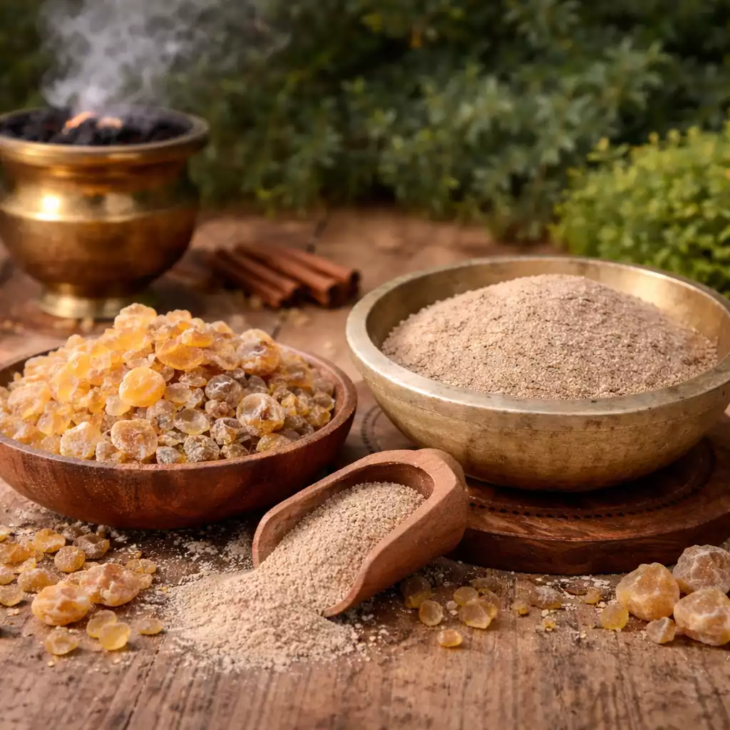 Encens oliban en grain et en poudre avec résine naturelle dans des bols