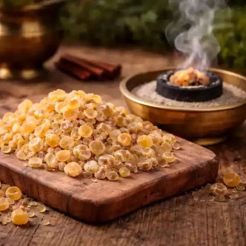 Grains d encens oliban naturel sur planche en bois et charbon fumant dans une coupelle en laiton
