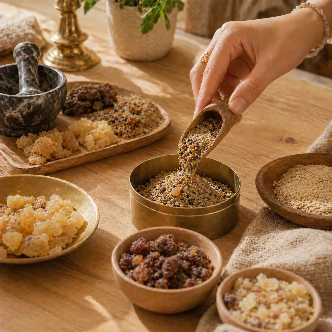 préparation artisanale de l encens trinité avec main versant un mélange de poudre et morceaux visibles de résines naturelles