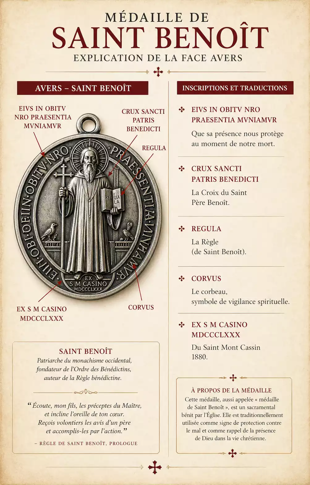 Infographie de la face avers de la médaille de Saint Benoît avec inscriptions latines en rouge et traductions françaises.