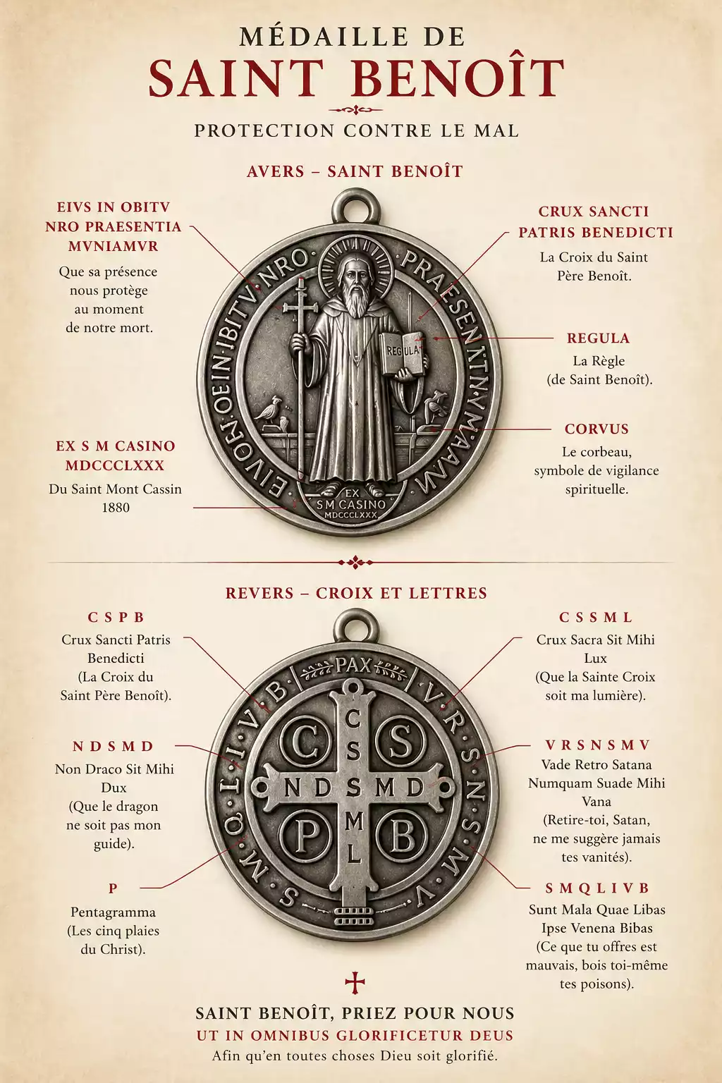 Infographie des deux faces de la médaille de Saint Benoît avec inscriptions latines, traductions françaises et explication des symboles.