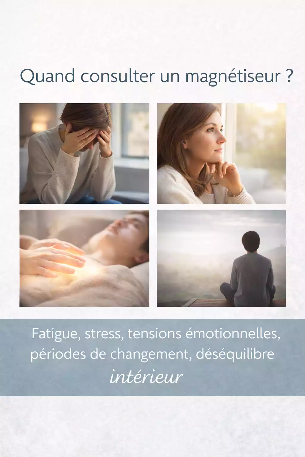 magnetisme-quand-consulter-fatigue-stress-seance Quand consulter un magnétiseur : fatigue, stress, tensions émotionnelles et déséquilibre intérieur illustrés en image