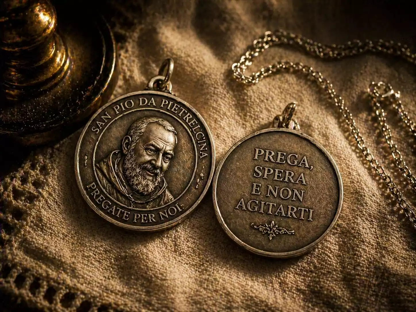 Médaille Padre Pio avec devise italienne gravée Médaille Padre Pio en argent vieilli avec devise Prega spera e non agitarti, posée sur linge en lin écru avec chaîne fine.