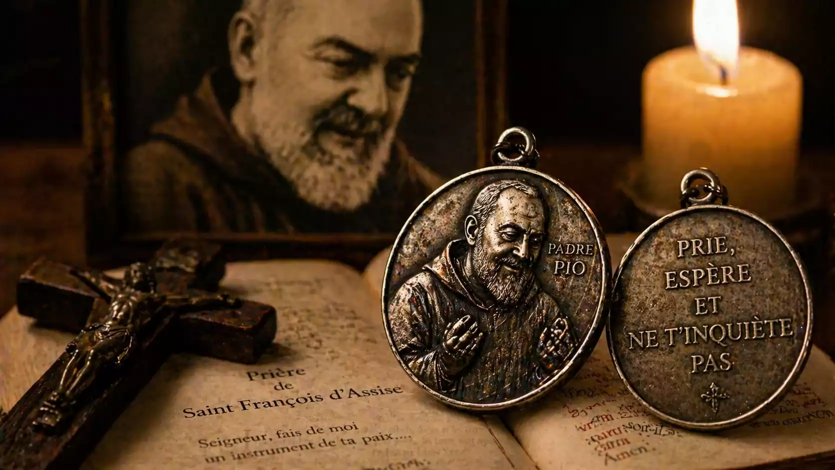 Médaille de Padre Pio en argent vieilli avec devise Prie, espère et ne t’inquiète pas, missel ouvert, crucifix et bougie allumée.