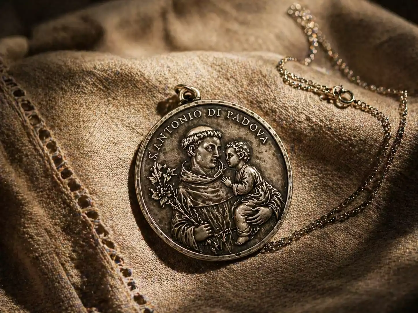 Médaille de Saint Antoine en argent avec chaîne fine Médaille de Saint Antoine en argent vieilli avec lys et Enfant Jésus, posée sur un linge en lin écru avec une chaîne fine.