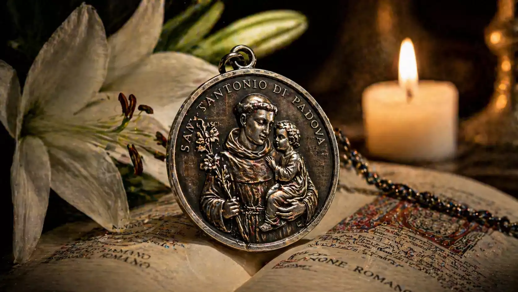 Médaille de Saint Antoine en argent vieilli sur missel ouvert avec lys frais, bougie allumée et portrait du saint tenant l’Enfant Jésus.