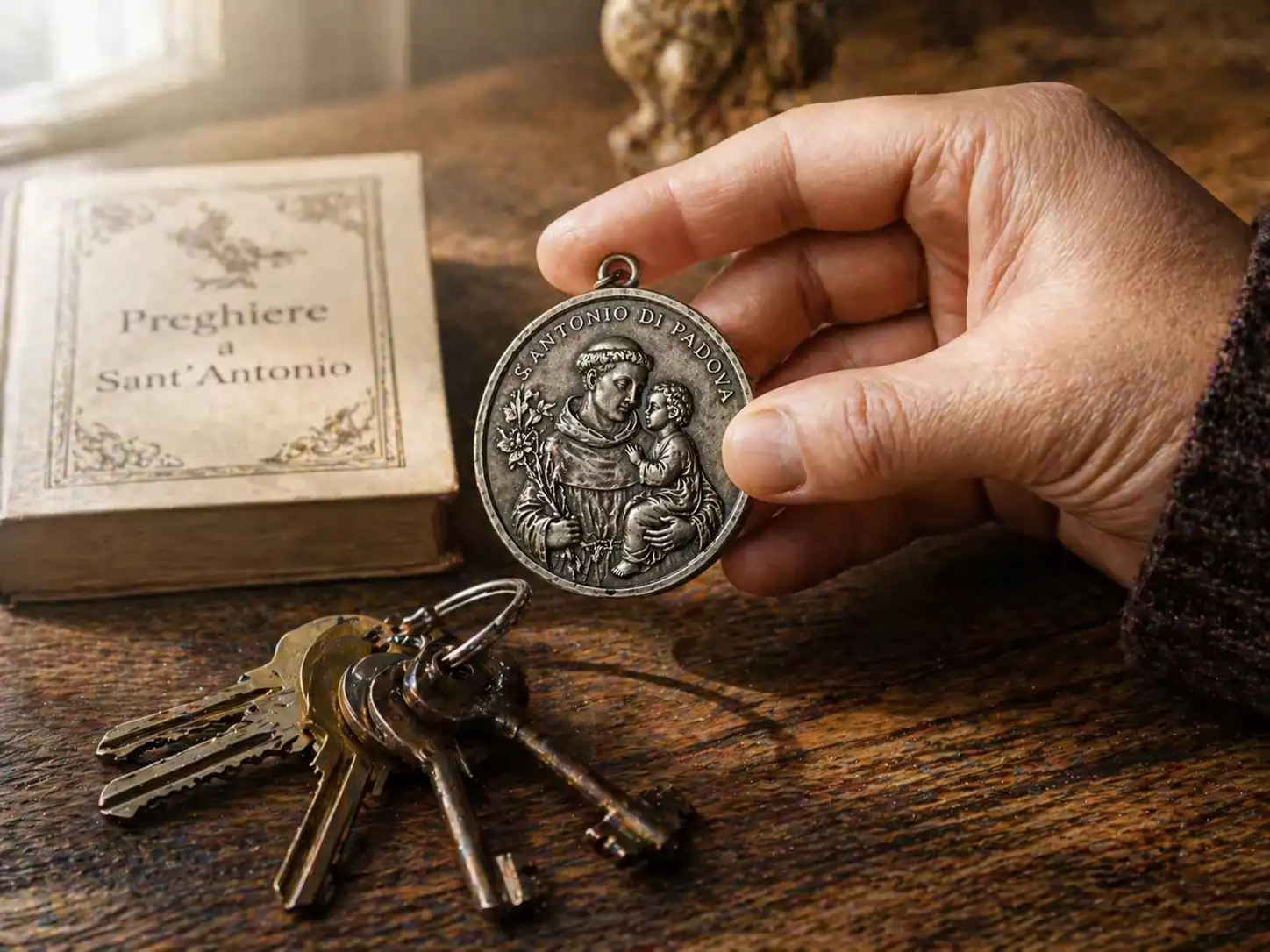 Main tenant une médaille de Saint Antoine au-dessus d’un trousseau de clés sur une table en chêne avec livre de prières.