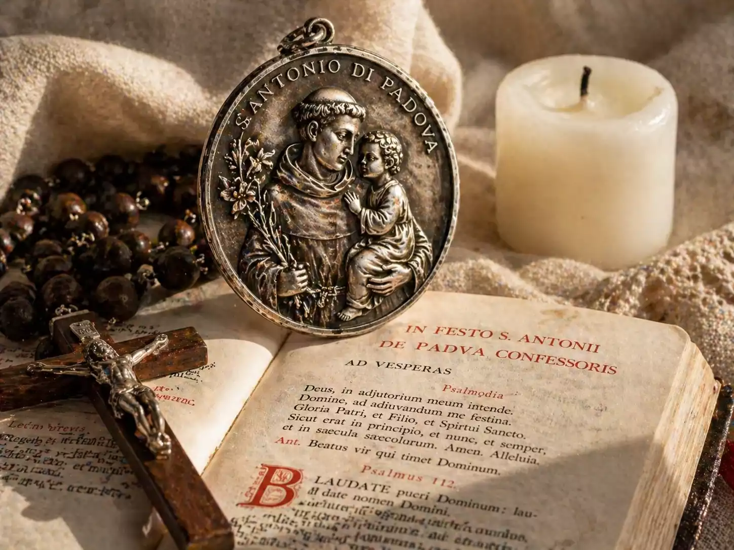 Médaille de Saint Antoine en argent avec lys et Enfant Jésus posée sur un missel ouvert, avec chapelet en bois et bougie blanche éteinte.