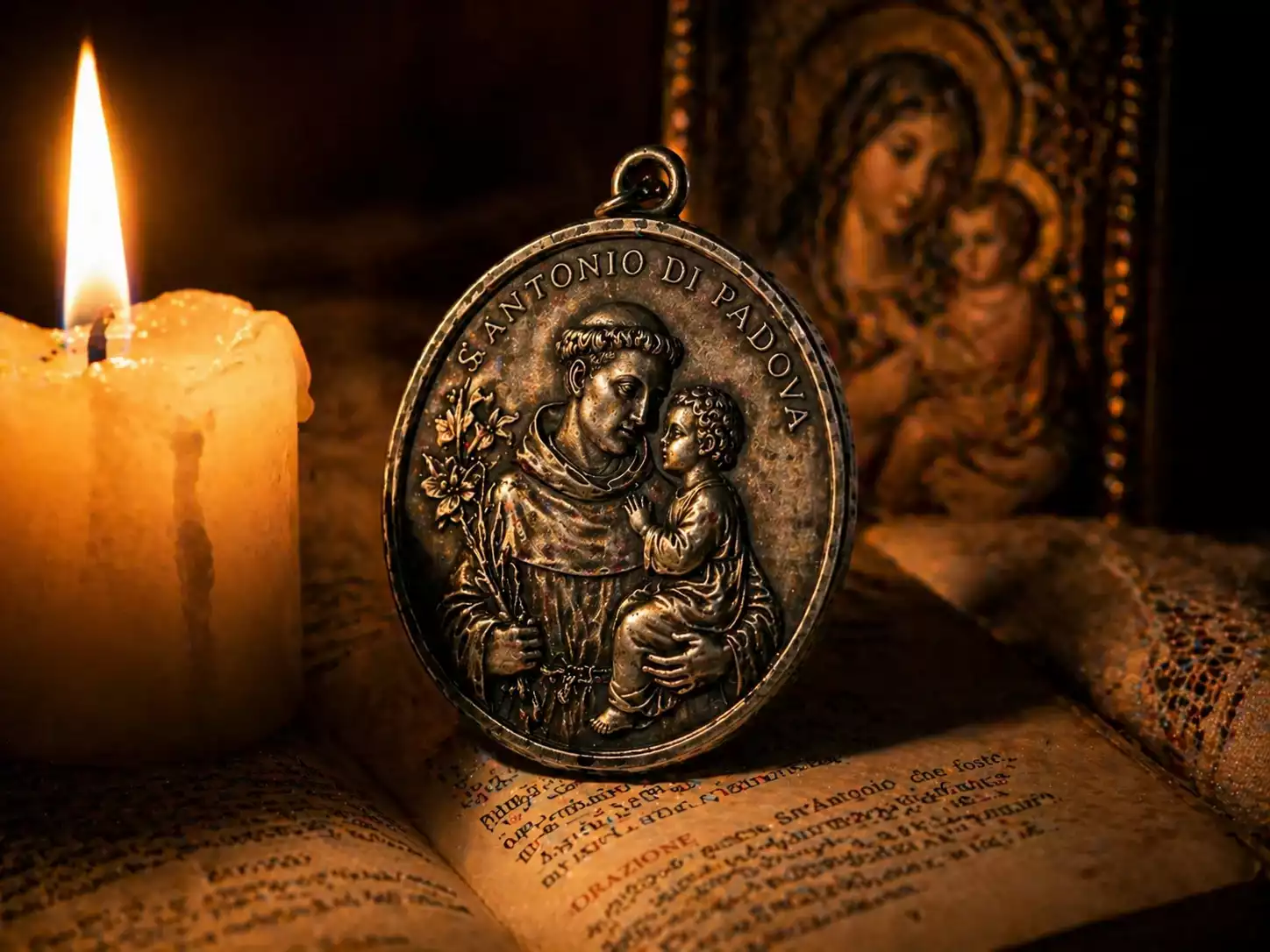 Médaille de Saint Antoine en argent avec lys et Enfant Jésus posée sur un livre de prières ouvert à la lumière d’un cierge.