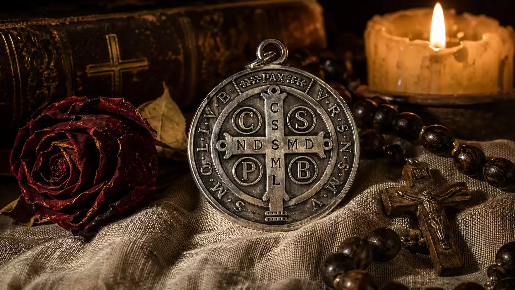 Médaille de Saint Benoît en argent vieilli sur linge de lin, avec rose fanée, chapelet en bois et cierge allumé.
