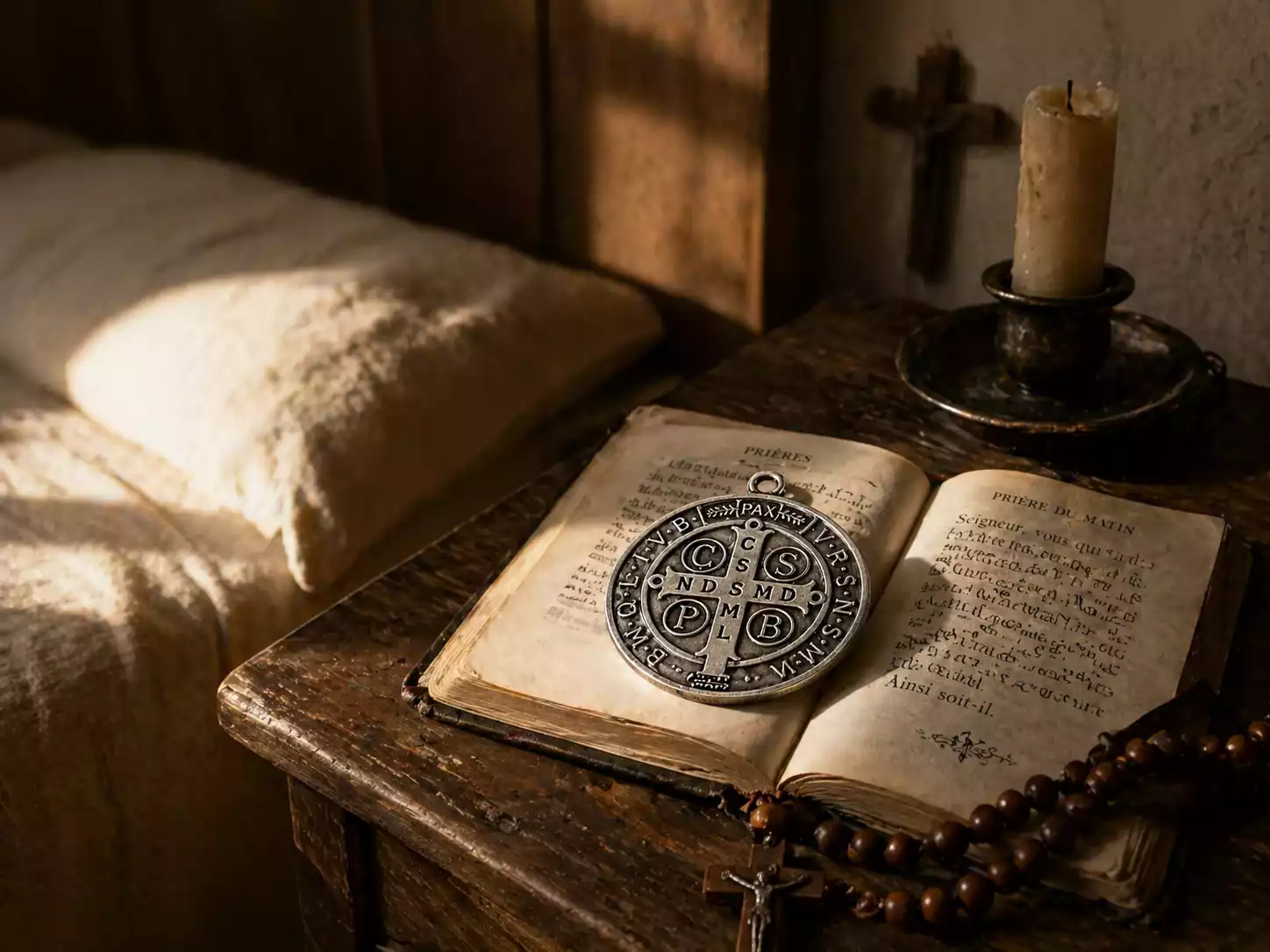 Médaille de Saint Benoît sur livre de prières ouvert, avec chapelet en bois, bougie éteinte et chambre catholique paisible.