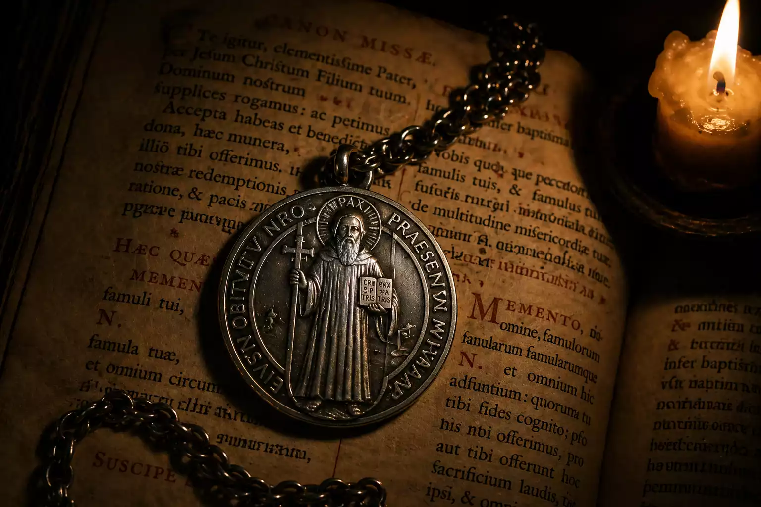 Médaille de Saint Benoît en argent sur missel ancien en latin, avec chaîne en argent et lumière de cierge en clair-obscur.